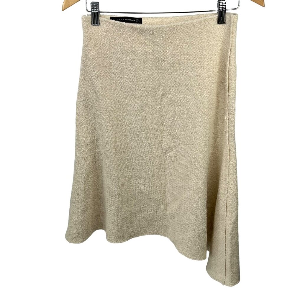 Zara Midi Skirt Size Small Woman Textured Bouclé Beige Midi Skirt Career Office